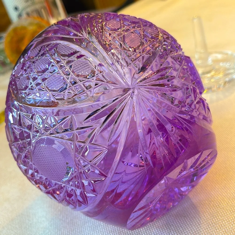 Rare high quality Purple Cut Glass Vase, rosebowl change color under LED light